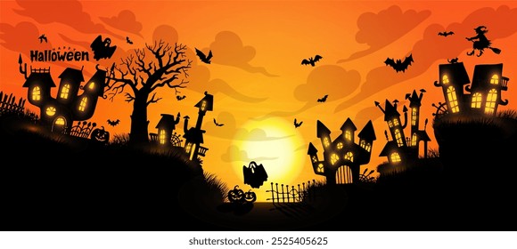 Halloween-Stadt. Unheimliche Vektorschatten werfen sich auf ein Stadtbild mit schiefen Spuren, spukenden Häusern, Mond. Vorlage Silhouette von düsteren dunklen Formen Hinweis auf übernatürliche Geheimnisse in der spektralen Nacht