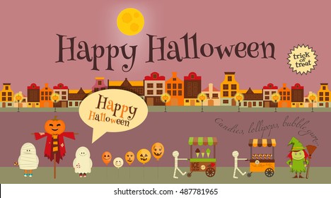 Halloween in Town - Greeting Card - October Party Symbols.  Set of Trick or Treat Objects. Invitation Card for Party. Vector Illustration.