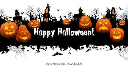 Halloween town landscape with danger pumpkins, trick or treat night cemetery and haunted houses. Vector silhouettes of Halloween holiday pumpkins, bats and cobweb, tombstones, trees and fences border