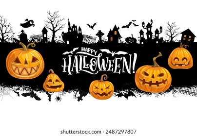 Halloween town silhouette with pumpkins and flying bats, cemetery and castle, vector holiday background. Cartoon scary Halloween pumpkins and boo ghosts with tombstones and haunted houses on cemetery