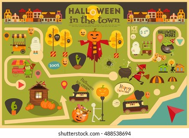 Halloween in Town - Street Food and October Party Symbols on City Map.  Sweet Treats and Jack-o-lantern. Invitation Card for Party. Vector Illustration.