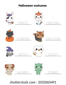 Halloween tracing words printable worksheet for kindergarten kids. Cute cartoon animals in costumes. Educational game. Study English. Learn to write for school and preschool. Vector illustration.