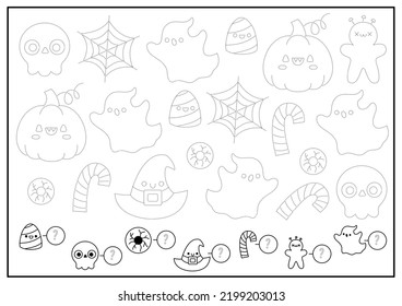 Halloween tracing worksheet with traditional holiday characters. Trace and count activity. Educational math, spy and drawing game. Autumn holiday coloring page with ghost, pumpkin, skull
