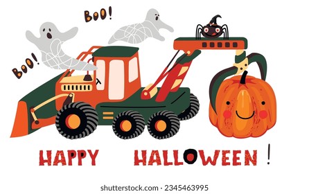 Halloween Traktor trägt süßen Kürbis.Karte mit Cartoon-Figuren, Auto, Geister, Spinne und handgeschriebenen Text.Farbiger Druck auf Stoff und Papier.Vektorflache Illustration einzeln auf weißem Hintergrund.