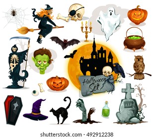 Halloween traditional character. Pumpkin candle lantern, witch broom and hat, potion cauldron, zombie grave stone, haunted castle ghost, vampire coffin, skeleton skull, black cat, bats, owl, spider