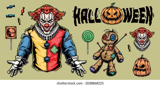 Halloween traditional colorful elements concept with spooky clown voodoo doll pumpkins candies in vintage style isolated vector illustration