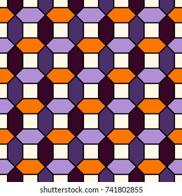 Halloween traditional colors repeated hexagon tiles mosaic wallpaper. Seamless surface pattern with geometric ornament. Bright contemporary print. Checkered background. Vector art