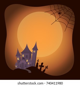 Halloween traditional image representing full moon and icons of house and cemetery on hill, path and spider with cobweb on vector illustration
