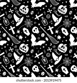 Halloween traditional spooky items isolated on black background forming seamless pattern