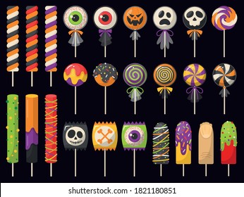 Halloween traditional treats sweets for kids. Colorful set of vector lollipop decorated with halloween elements and ornaments.