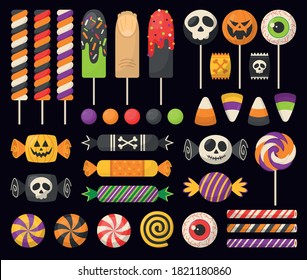 Halloween traditional treats sweets for kids. Colorful set of vector candies, lollipop decorated with halloween elements and ornaments.