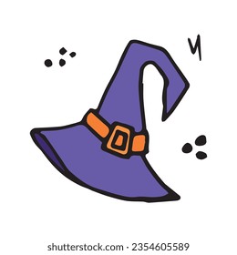 Halloween traditional witch hat with strap in doodle style isolated on white background. Vector illustration.