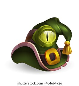 Halloween traditional witch hat with strap, buckle and eye isolated on white background. Vector illustration.