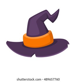 Halloween traditional witch hat with strap in cartoon and flat style isolated on white background. Vector illustration.