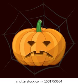 Halloween Tragic Angry Pumpkin Template Autumn Holidays Creative Concept - Orange on Spider Web Background - Vector Flat Graphic Design