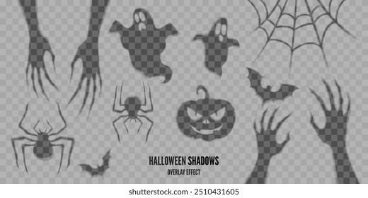 Halloween transparent shadows, overlay effect. Scary, spooky monster hands, ghosts, spiders, bats, pumpkin, spider web illustration. Vector decoration elements for halloween background, banners.