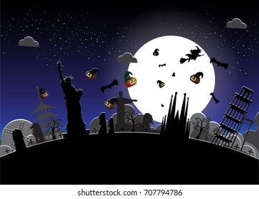 Halloween travel in landmarks vector illustrator.