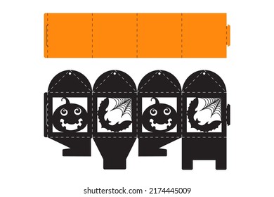 Halloween treat box with scary pumpkin. Jack-o-lantern facial gift party packaging for sweet, candies, small present, bakery. Simple package die cut template for laser cut. Vector stock illustration.