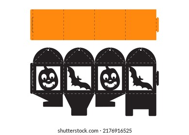 Halloween treat box with scary pumpkin. Jack-o-lantern facial gift party packaging for sweet, candies, small present, bakery. Simple package die cut template for laser cut. Vector stock illustration.