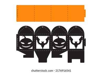 Halloween treat box with scary pumpkin. Jack-o-lantern facial gift party packaging for sweet, candies, small present, bakery. Simple package die cut template for laser cut. Vector stock illustration.