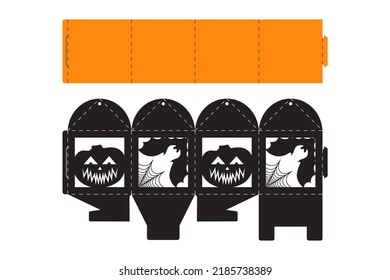 Halloween treat box with scary pumpkin. Jack-o-lantern facial gift party packaging for sweet, candies, small present, bakery. Simple package die cut template for laser cut. Vector stock illustration.