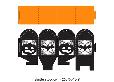 Halloween treat box with scary pumpkin. Jack-o-lantern facial gift party packaging for sweet, candies, small present, bakery. Simple package die cut template for laser cut. Vector stock illustration.