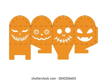 Halloween treat box with scary pumpkins. Jack-o-lantern facial gift party packaging for sweets, candies, small present, bakery. Simple package die cut template for laser cut. Vector stock illustration