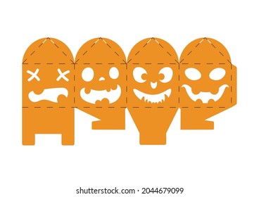 Halloween treat box with scary pumpkins. Jack-o-lantern facial gift party packaging for sweets, candies, small present, bakery. Simple package die cut template for laser cut. Vector stock illustration