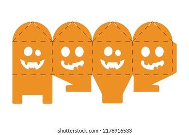 Halloween treat box with scary pumpkins. Jack-o-lantern facial gift party packaging for sweet, candies, small present, bakery. Simple package die cut template for laser cut. Vector stock illustration.