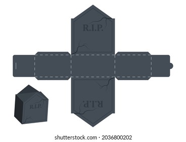 Halloween treat grave box. Gift party packaging for sweets, candies, small presents, bakery. Simple package die cut template for laser cut. Vector stock illustration.