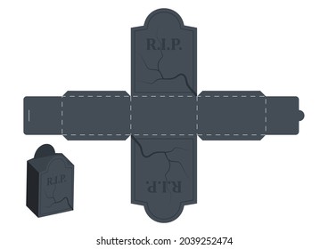 Halloween treat grave box. Gift party packaging for sweets, candies, small presents, bakery. Simple package die cut template for laser cut. Vector stock illustration.