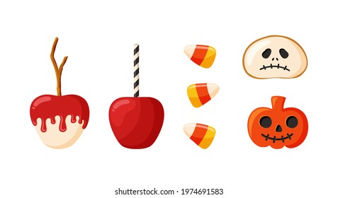 Halloween treat icons set. Apples in caramel, candy corn, pumpkin cookies. Cartoon flat illustration of traditional holiday sweets. Color isolated vector element on white background