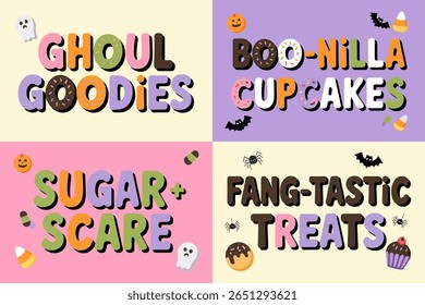 Rótulo de delícia de Halloween, guloseimas ghoul, bolinhos de boo-nilla, susto de açúcar, delícias fang-tastic, adesivo de sobremesa assustador, sinal de festa