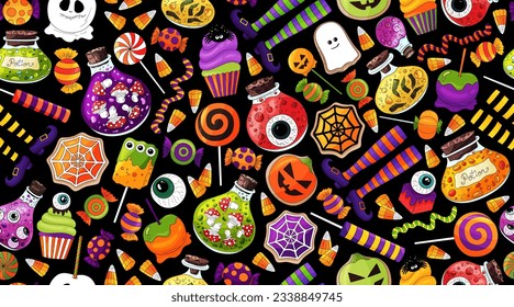 Halloween treats, candy pattern. Halloween background with scary objects. Candies, pumpkin, squash, halloween elements, potion, witch legs, bottle poison. Many types spooky dessert. Treats wallpapaer.