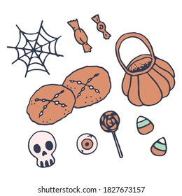 Halloween treats on white isolated backdrop. Skull and pumpkin for invitation or gift card, notebook, bath tile, scrapbook. Phone case or cloth print art. Doodle style stock vector illustration