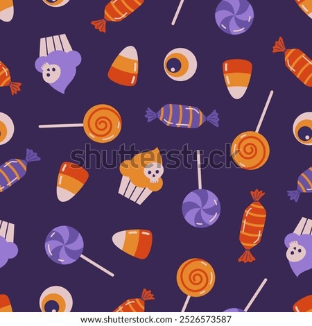 Halloween treats seamless pattern. Cupcake, sweet, candy etc in cartoon flat style. Cute background for Halloween party fabric or kids stuff. Vector illustration