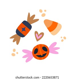 Halloween treats set. Halloween sweets for kids in traditional October holiday colors. Collection of cute caramel, jelly sweets, sugar bonbons. Halloween design element. Vector cartoon illustration.