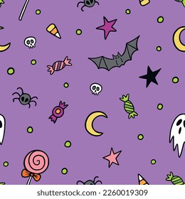Halloween treats, spider, bat, skull, moon, stars and dots. Objects for All Saints Day celebretion seamless pattern on purple background