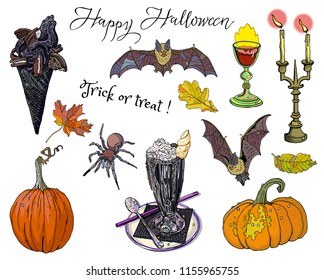 Halloween Treats And Symbols Set, Isolated Objects With Inscription. Black Ice Cream Cone, Unicorn Milk Shake, Pumpkins, Candles, Chalice, Autumn Leaves, Bats, Spider. Goth Cartoon Fantasy Clipart.