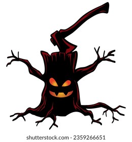 Halloween Tree Axe Stabbed Scary Monster Cartoon Vector Art