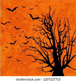 Halloween tree background orange colour. Template design with fly bat. Vector illustrations