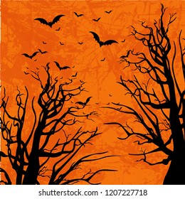 Halloween tree background orange colour. Template design with fly bat. Vector illustrations