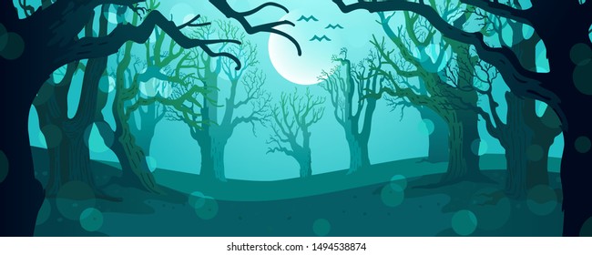 halloween tree background vector. Spooky forest with full moon and floor. Without leaves and branches of autumn. Design for the Halloween season. Vector illustration isolated on a white background.