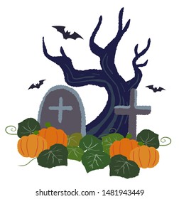 Halloween, tree, bat, gravestone, pumpkin illustration