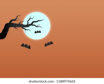 Halloween with tree bat and sky color orange moon text space