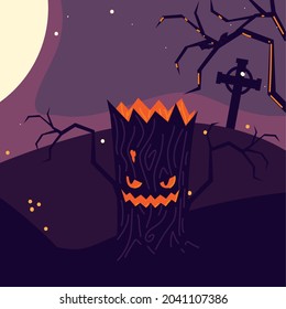 halloween tree and cementery scene