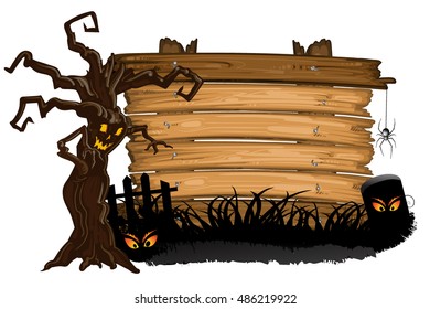 Halloween tree with cemetery over wood texture