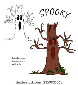 Halloween tree character evil oak monster of nightmare. Scary angry tree doodle for decoration, design.