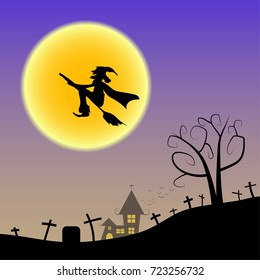 Halloween. tree and dark castle on moon background, illustration.