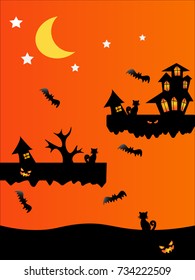 Halloween tree demon house in night Halloween holidays with moon cat bat